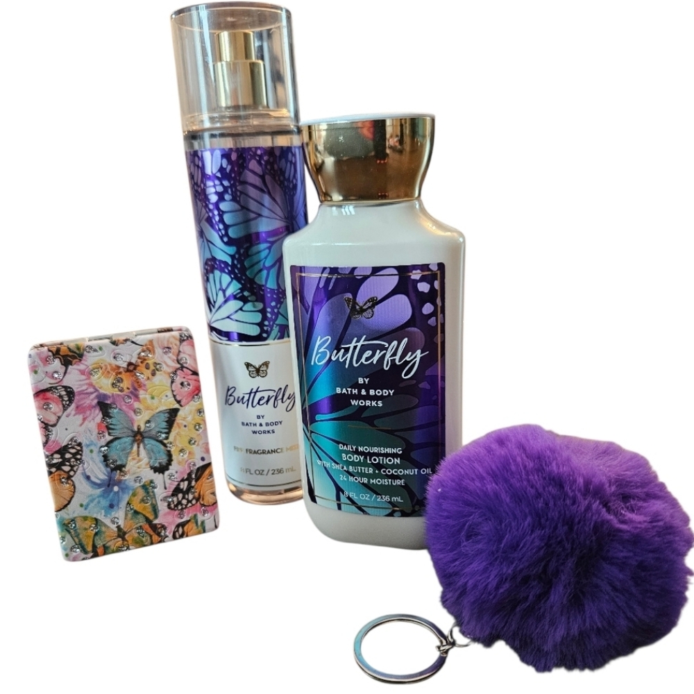 NEW Bath & Body Works Butterfly Collection Mist & Lotion + Mirror & Bag Charm